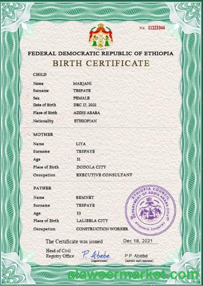 Ethiopia birth certificate PSD template
